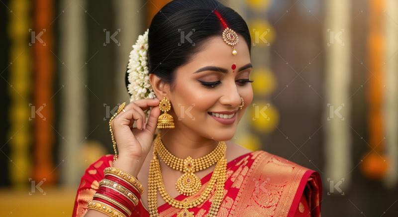 Beautiful Indian Bride Adorned in Traditional Gold Jewelry