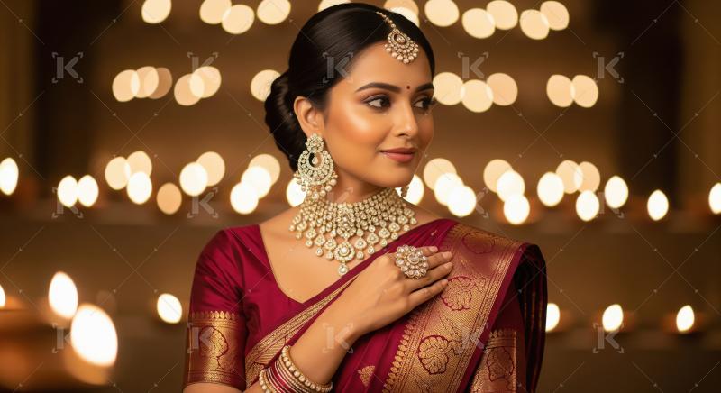 Elegant Indian Woman Adorned in Traditional Jewelry and Saree