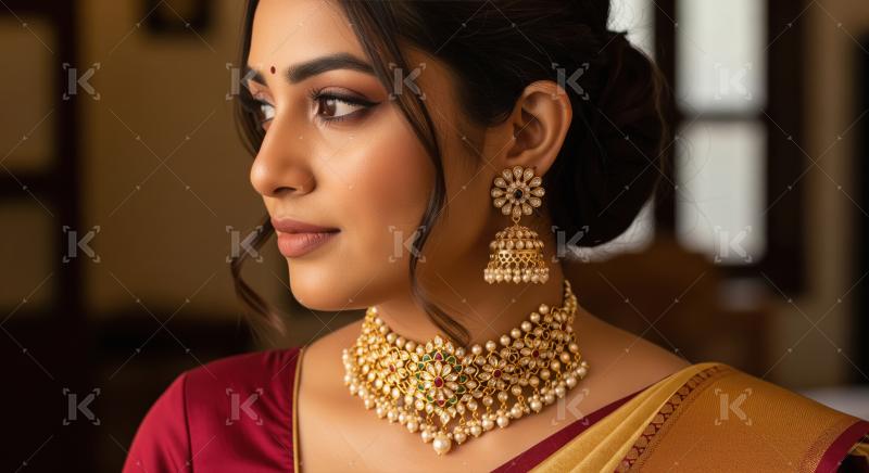Elegant South Indian Woman Adorned in Traditional Gold Jewelry