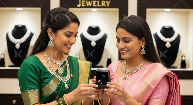 Happy Indian Women Admiring Diamond Ring in Jewelry Store