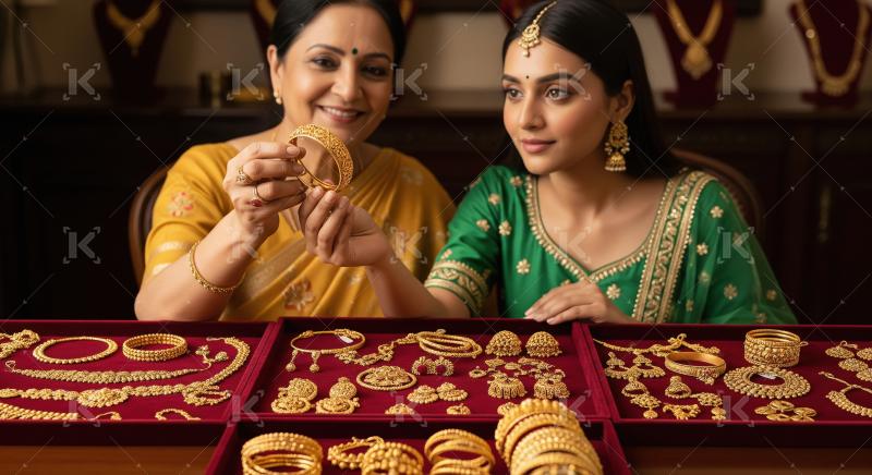 Indian women explore traditional gold jewelry designs.