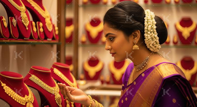 Indian Woman Shopping for Traditional Gold Jewelry