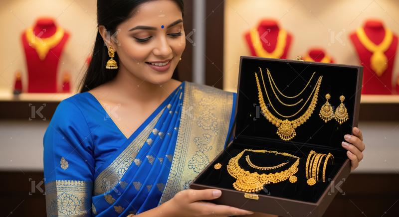 Smiling Indian Woman Holding Exquisite Gold Jewelry Set