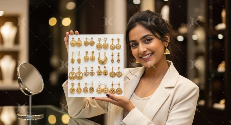 Smiling Woman Showcases Exquisite Traditional Gold Earrings Coll