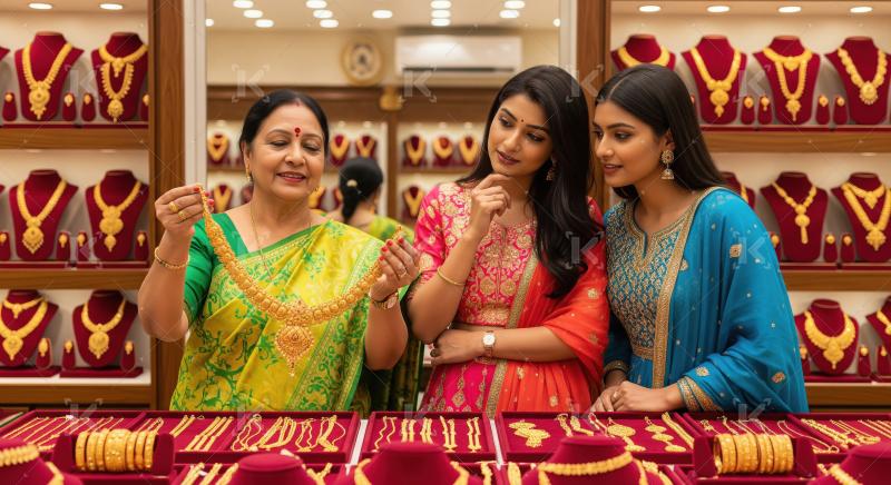 Indian Women Select Exquisite Gold Jewelry in Traditional Store