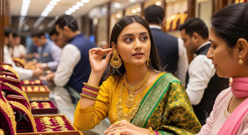 Indian Woman Tries Exquisite Gold Earring in Jewelry Store