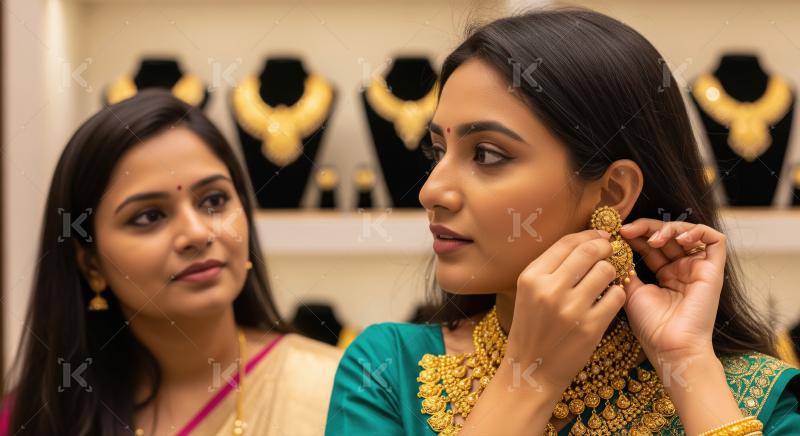 Indian Women Shopping for Gold Jewelry in Boutique Store
