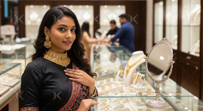 Beautiful Indian Woman Adorned in Gold Jewelry at Showroom