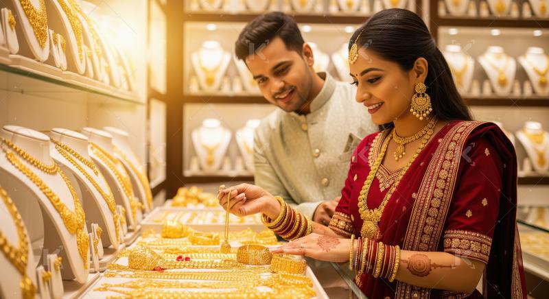 Indian couple happily shopping for traditional gold jewelry in s