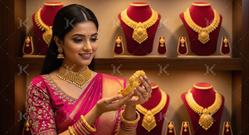 Elegant Indian Woman Admires Gold Jewelry in Shop