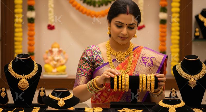 Elegant Indian Woman Selecting Gold Bangles and Traditional Jewe