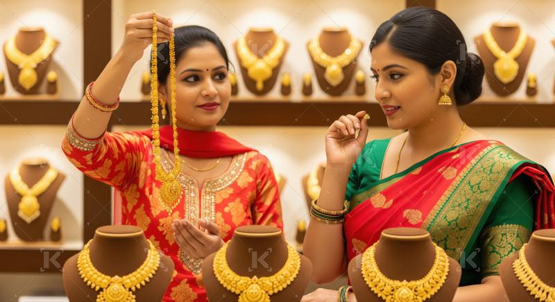 Beautiful Indian women selecting traditional gold jewelry in a s