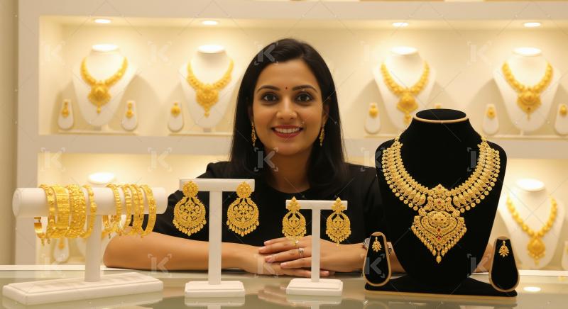 Smiling Woman Presents Traditional Indian Gold Jewelry Collectio