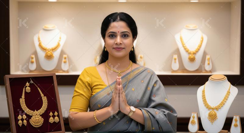 Beautiful Indian Woman Welcomes Customers to Gold Jewelry Store