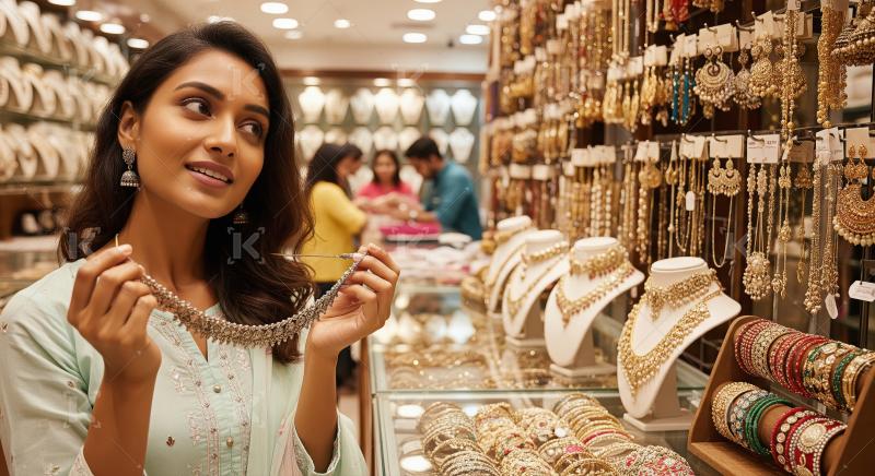 Indian Woman Explores Traditional Jewelry Shop
