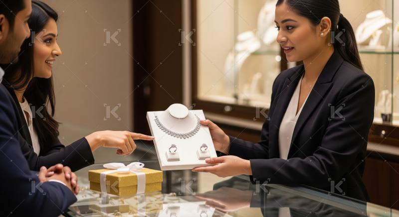 Happy couple selecting elegant diamond jewelry at a luxury bouti
