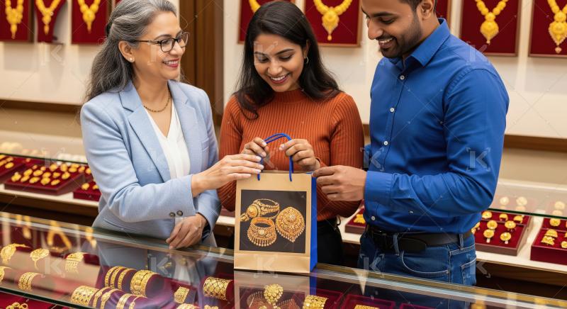 Joyful couple's gold jewelry purchase from a smiling jeweler