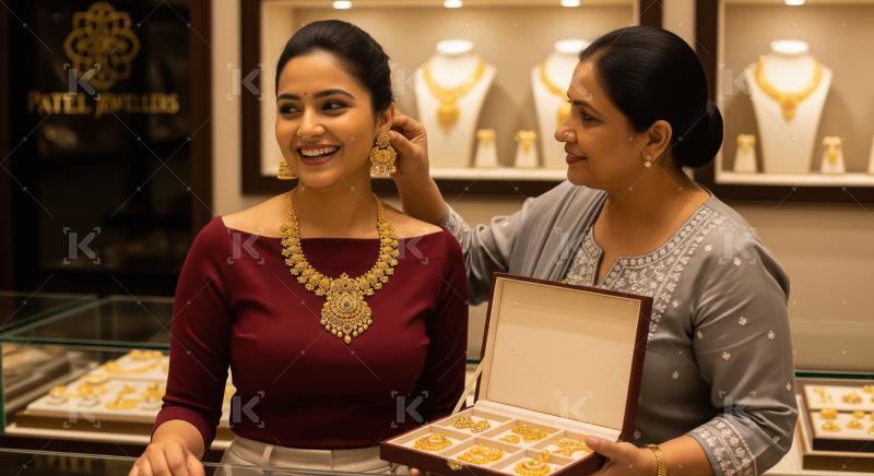 Indian Woman Tries Gold Earrings at Jeweller
