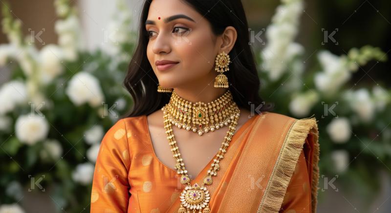 Beautiful Indian woman in traditional gold jewelry and orange sa