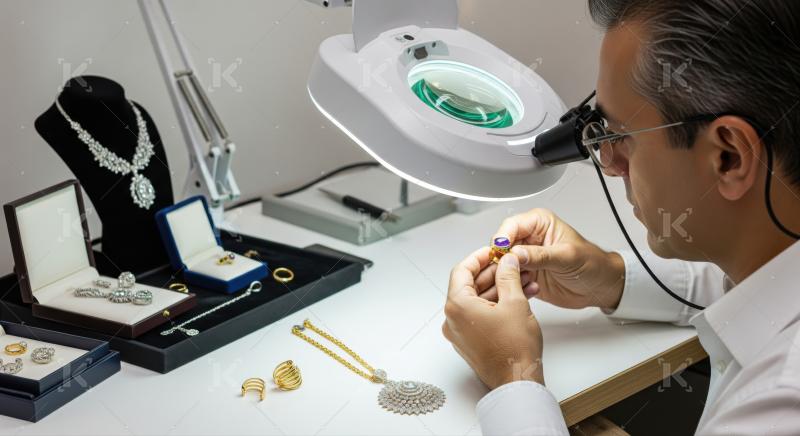 Jeweler carefully inspects an amethyst ring in professional workshop.