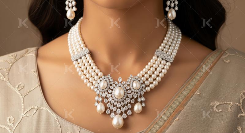 Beautiful woman showcasing luxurious pearl and diamond jewelry set.