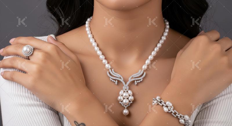 Luxurious pearl and diamond jewelry adorning an elegant woman.