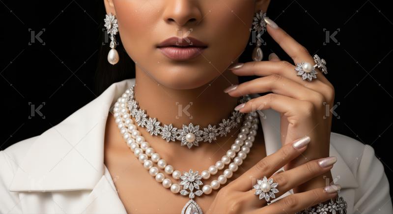 Exquisite pearl and diamond jewelry beautifully adorning an elegant woman.