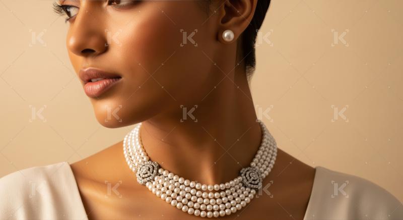 A sophisticated beauty adorned in classic pearl and diamond jewelry.