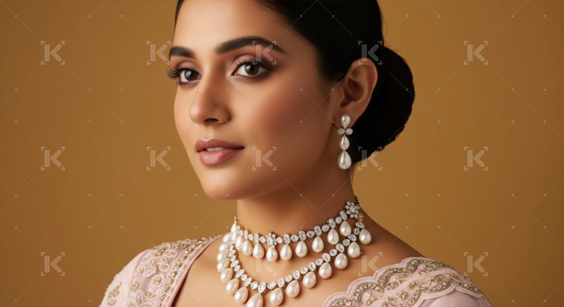 Beautiful Indian woman showcasing exquisite traditional pearl and diamond jewelry.