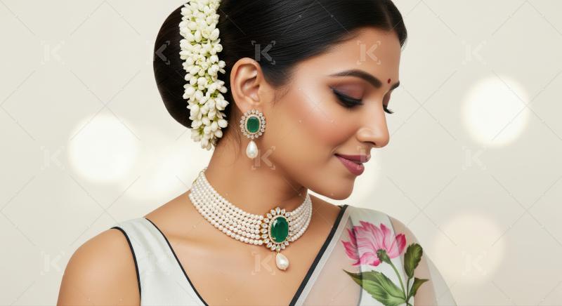 Graceful Indian woman showcasing traditional pearl and emerald jewelry beautifully.