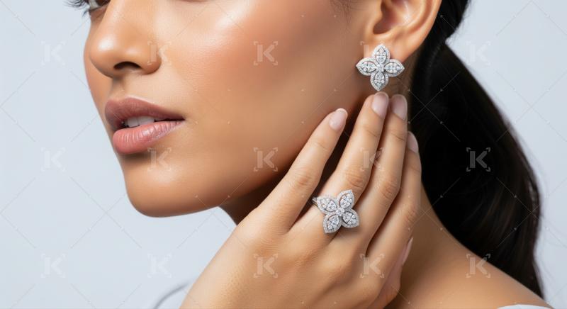 Beautiful woman showcasing luxurious diamond flower-shaped ring and earring set.