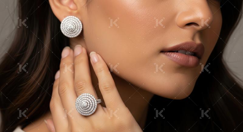 Beautiful model showcasing sparkling, luxurious diamond ring and earring.