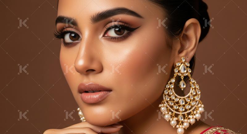 Close-up of beautiful Indian woman showcasing traditional jewelry and makeup.