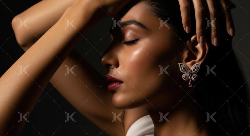 Beautiful woman showcasing exquisite jewelry and radiant, glowing skin.