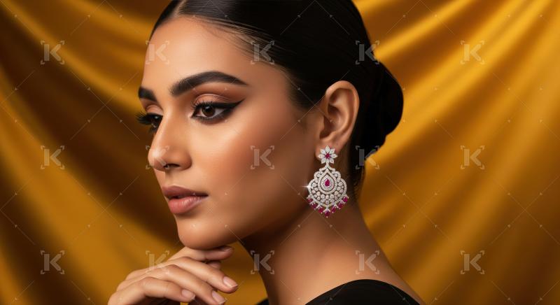 Stunning woman elegantly displays a beautiful ruby and diamond earring.