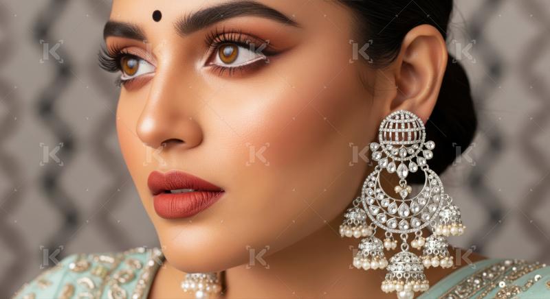 Stunning Indian woman's face, exquisite makeup, and elaborate jewelry.