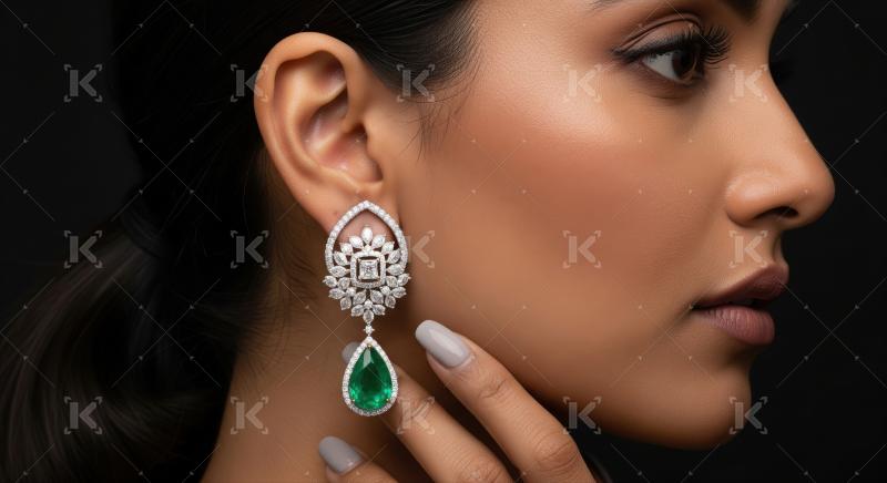 Elegant woman showcases beautiful emerald and diamond drop earring.