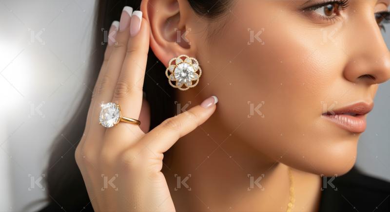 Elegant woman with sparkling diamond jewelry, earring, and ring.
