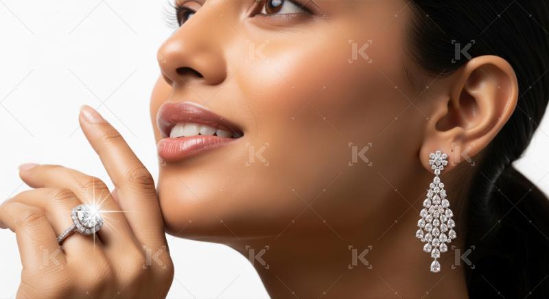 Beautiful woman showcases radiant skin and exquisite diamond jewelry.