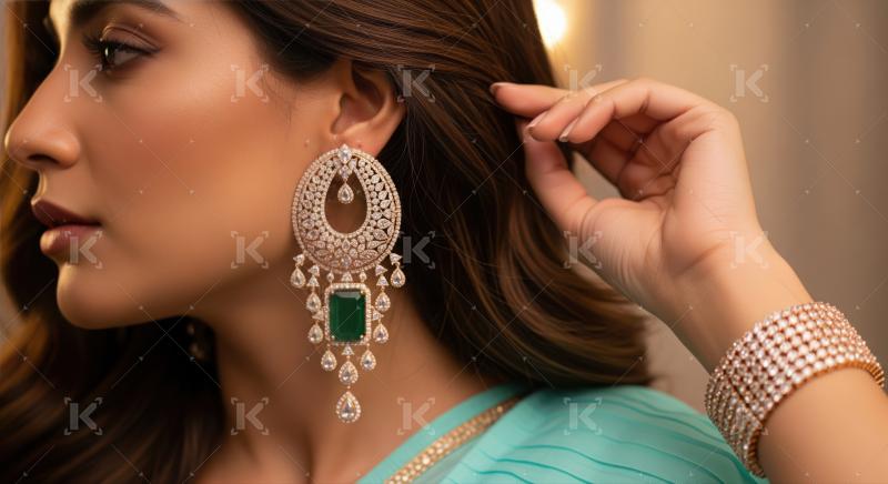 Beautiful woman showcasing exquisite traditional diamond and emerald jewelry.