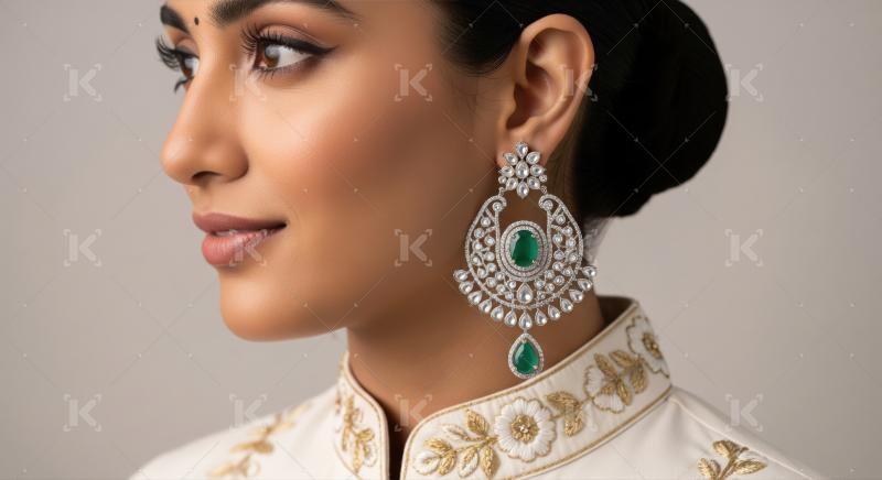 Beautiful woman profile shot with intricate emerald diamond earring.