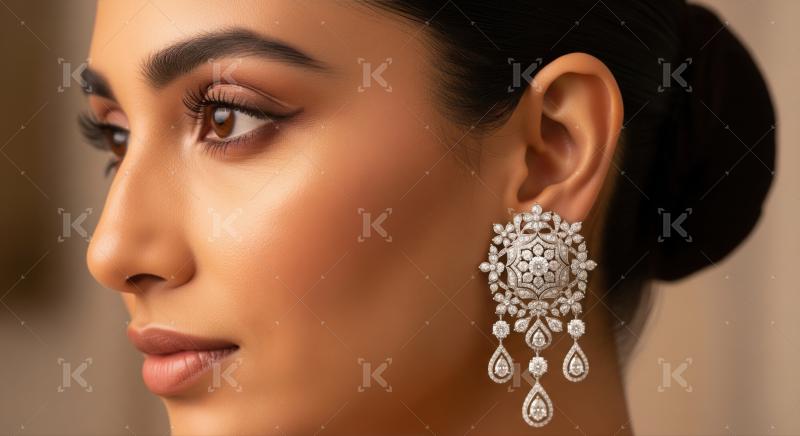 Stunning profile of a woman with a dazzling diamond earring.