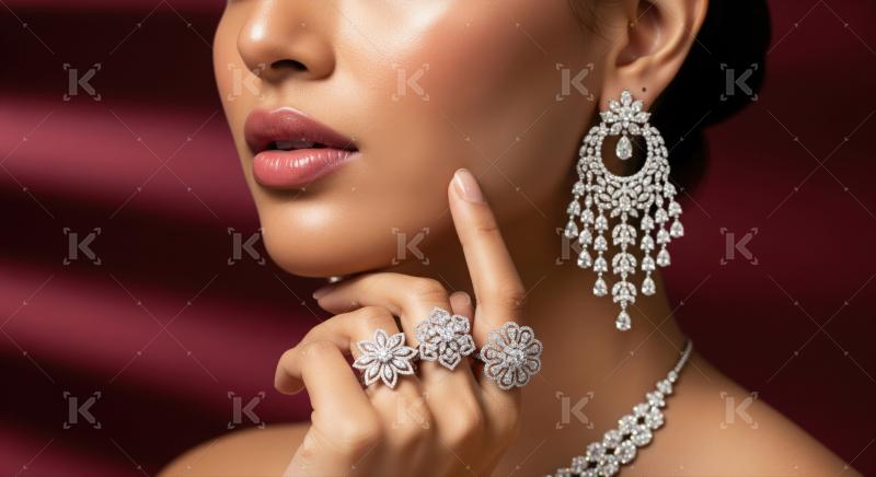 Beautiful woman showcasing exquisite diamond jewelry, perfect for luxury lifestyle.