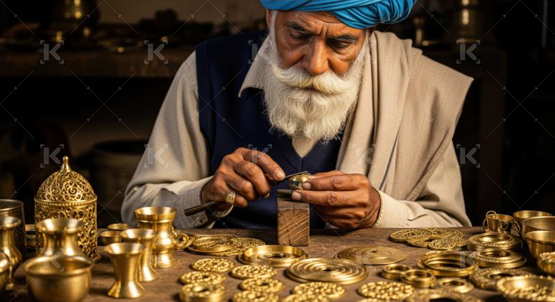 Elderly artisan meticulously shapes intricate golden brass pieces.