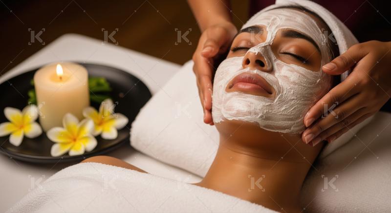 Serene Woman Enjoys Relaxing Facial Treatment with Face Mask.