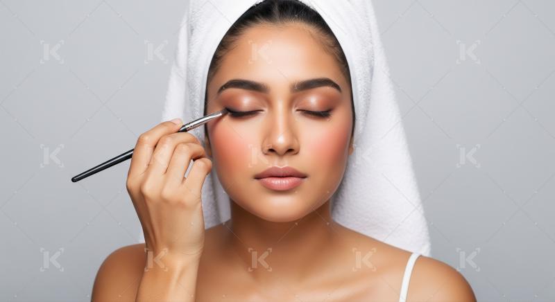 Woman applying eyeshadow with a brush for her beauty routine.