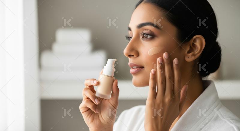 Beautiful Indian Woman Applying Foundation for Flawless Skin
