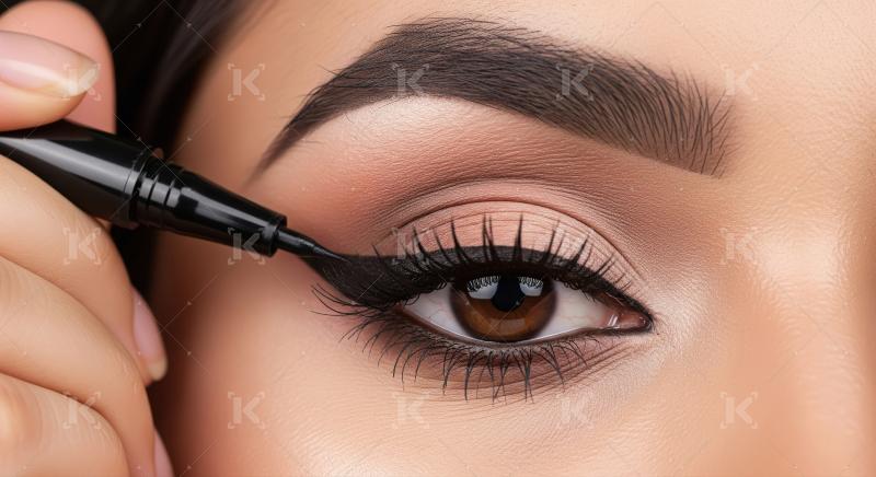 Woman applying black liquid eyeliner to her beautiful eye