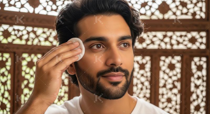 Young Man Applying Skincare to Face with Cotton Pad
