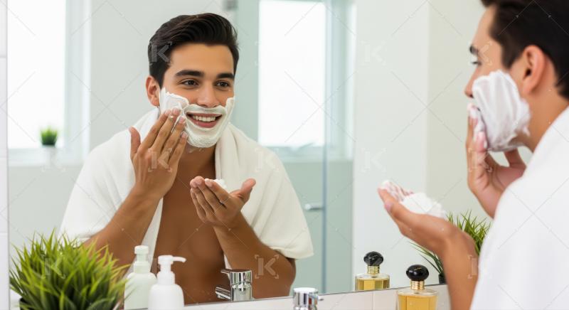 Happy Young Man Applying Shaving Cream in Bathroom Mirror